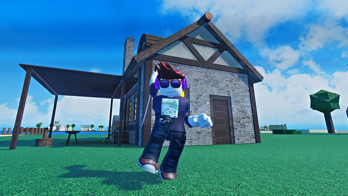 Rise Piece starter island with a pirate in front of a stone house, grass, and open sea